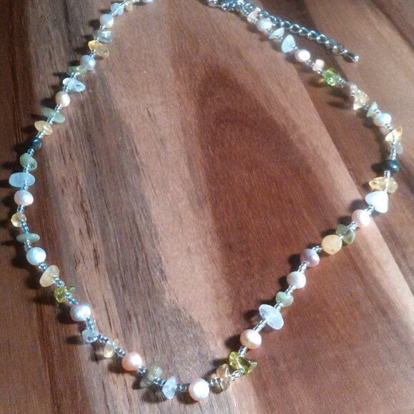 Freshwater Pearl and Multi Gemstone Stainless Steel Necklace - Picture 3 of 9